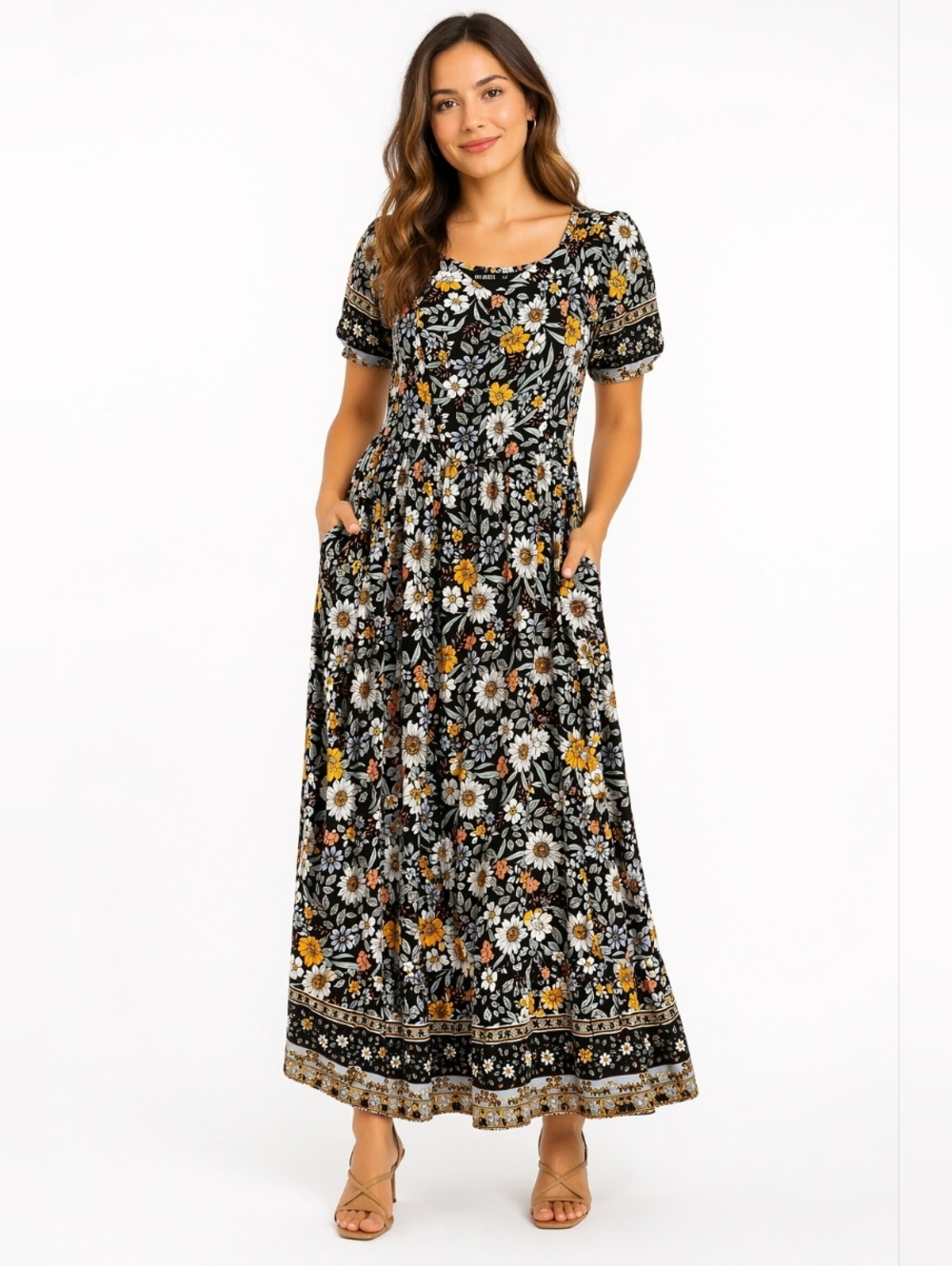 Black Floral Maxi Dress with Yellow & White Daisies Size Medium Mikarose